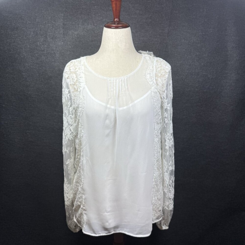 White House Black Market Women’s Blouse Lace Sleeves Sheer White Ivory Size L